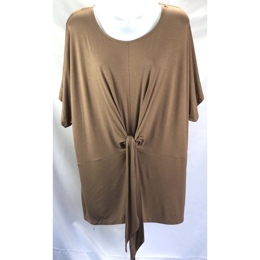 NWT Worthington Top Blouse XXL Brown Tie Front Empire Waist ShortSleeve Stretch